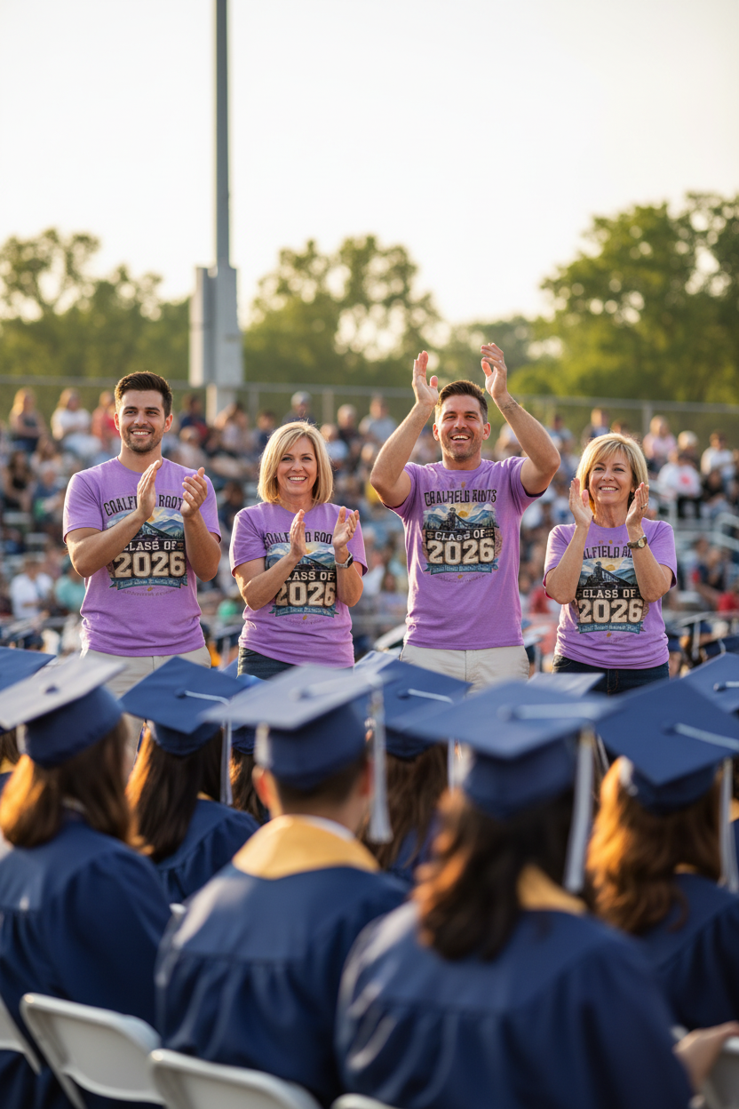Parents in Coalfield Roots Class of 2026 purple t-shirts cheering at outdoor graduation ceremony