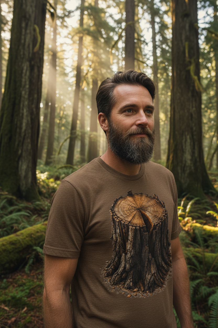 Man wearing tree stump tee in ancient Pacific Northwest forest at golden hour