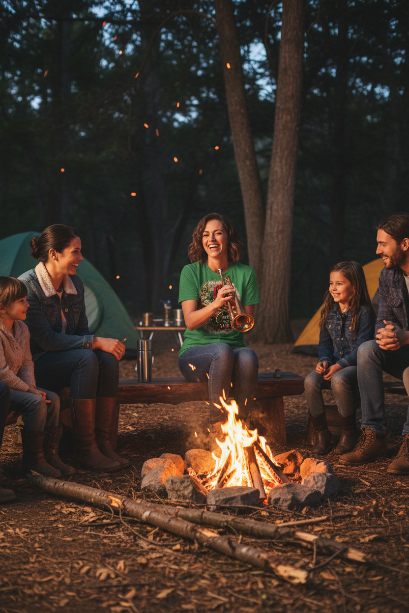 Woman blowing trumpet at campfire with friends and family wearing Creativity Has A Voice graphic tee