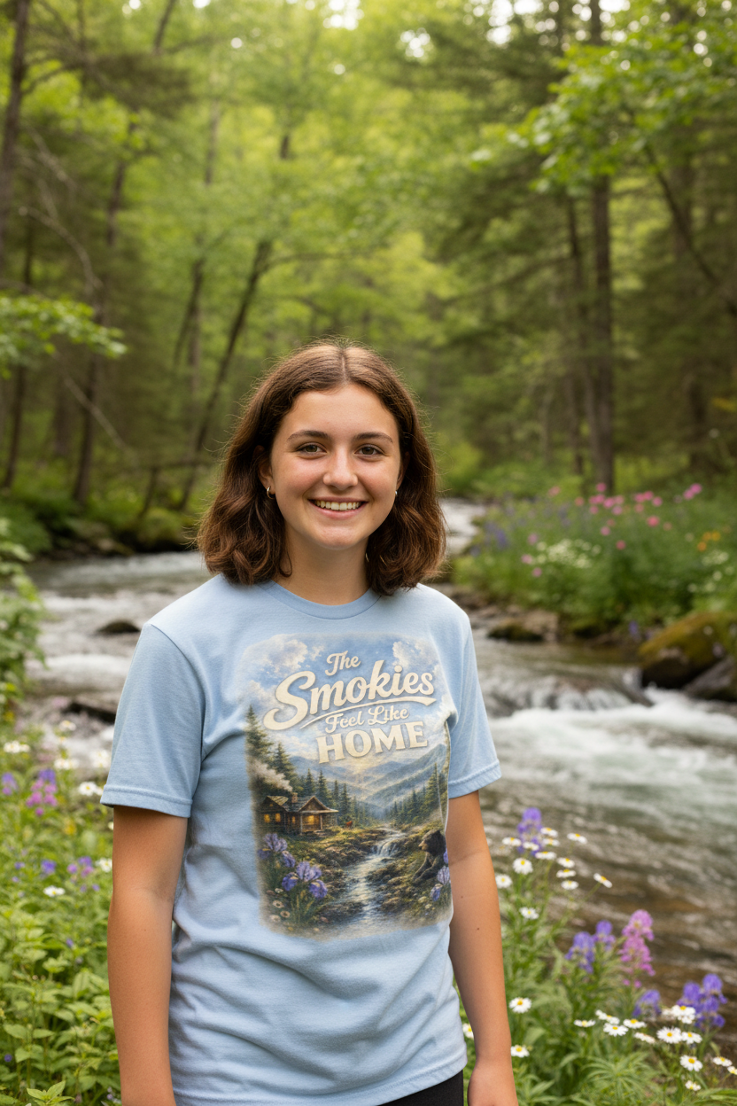 Girl wearing The Smokies Feel Like Home t-shirt near a rushing mountain stream