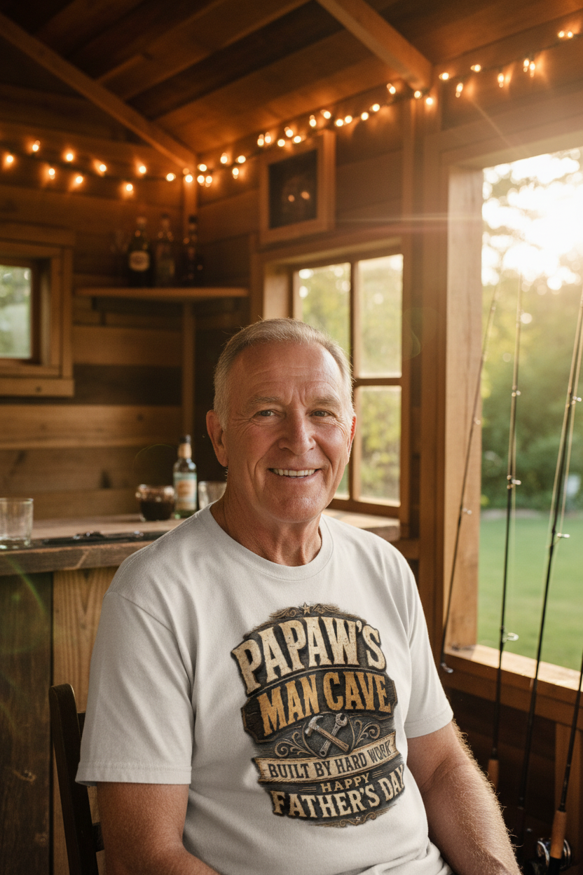 Grandfather in backyard treehouse wearing white Papaw t-shirt - Father's Day lifestyle mockup