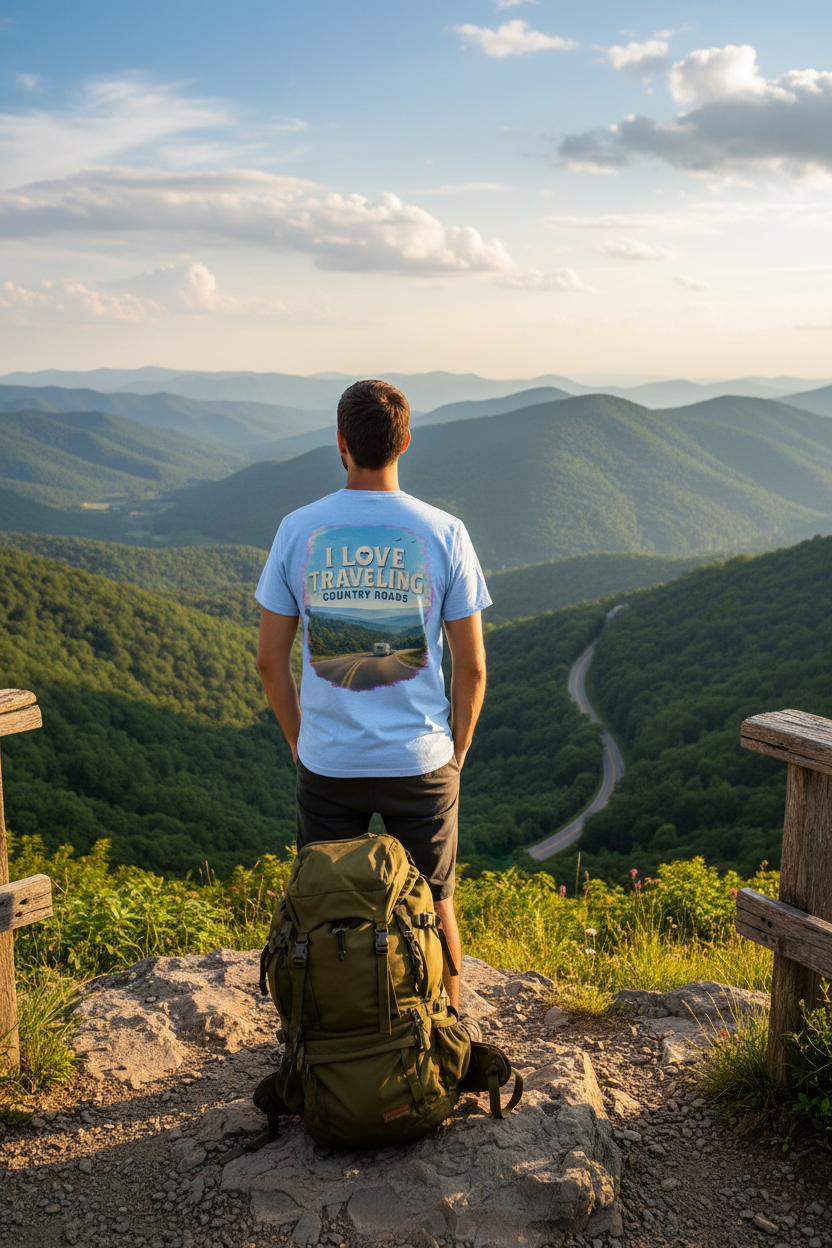 Man wearing I Love Traveling Country Roads t-shirt at Appalachian mountain overlook viewpoint