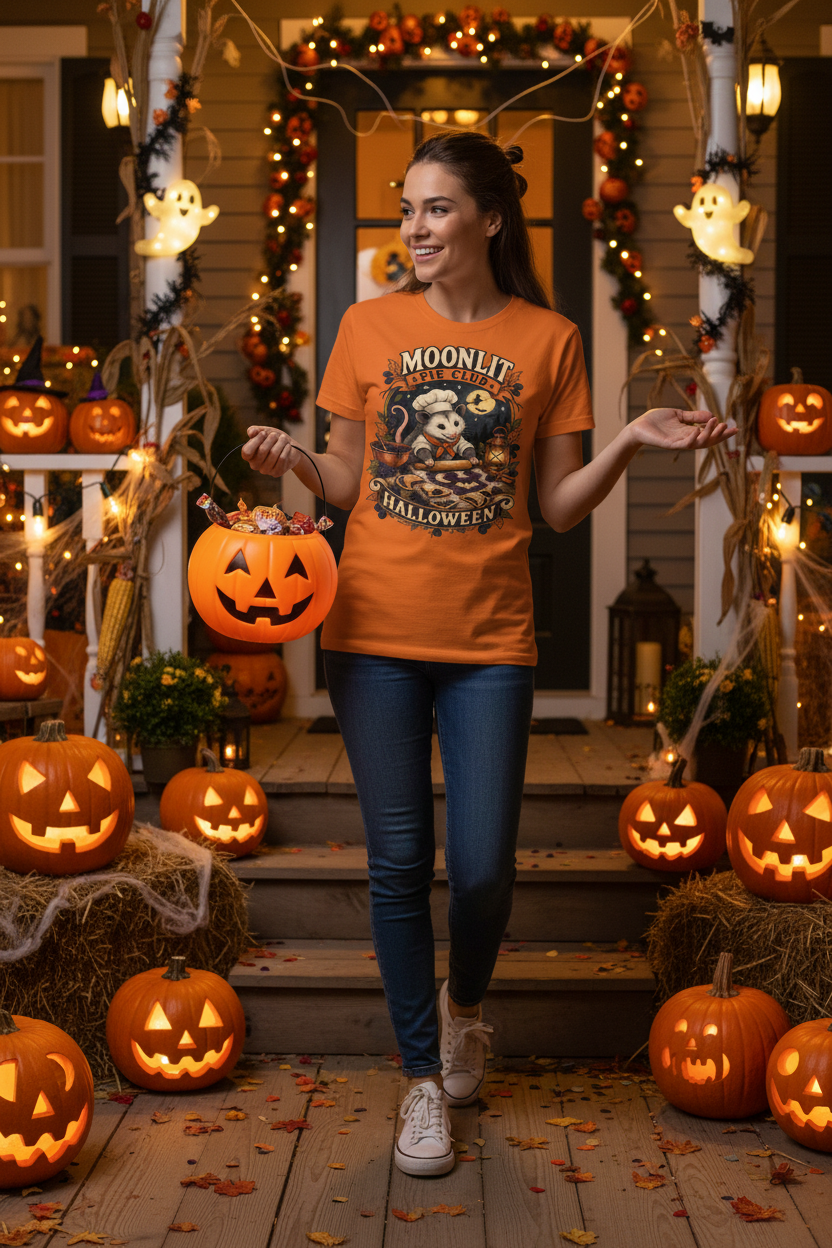 Woman trick-or-treating wearing Moonlit Pie Club Halloween opossum chef t-shirt in orange