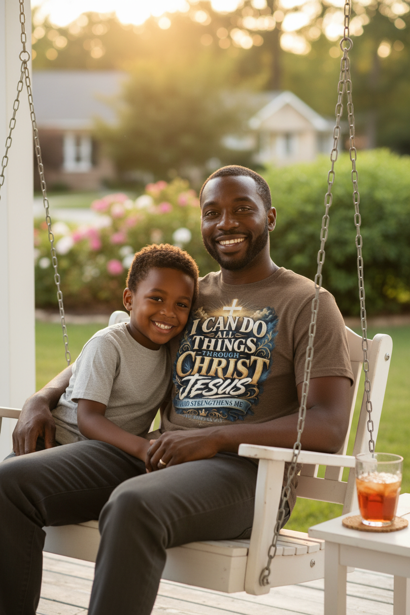 Father and son on porch swing at golden hour father wearing brown heather Philippians 4:13 faith t-shirt