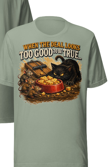 When The Deal Looks Too Good To Be True… | Funny Cat & Mouse Graphic Tee