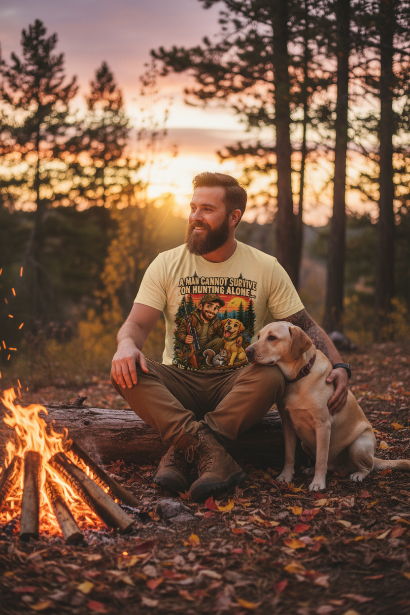 Bearded hunter wearing hunting dog tee by campfire at dusk with loyal yellow lab