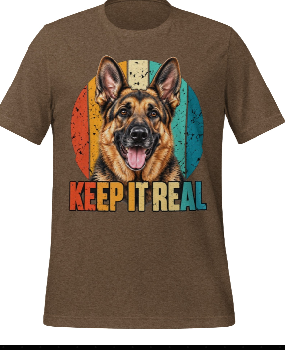 Front view of a brown German Shepherd Keep It Real graphic T-shirt