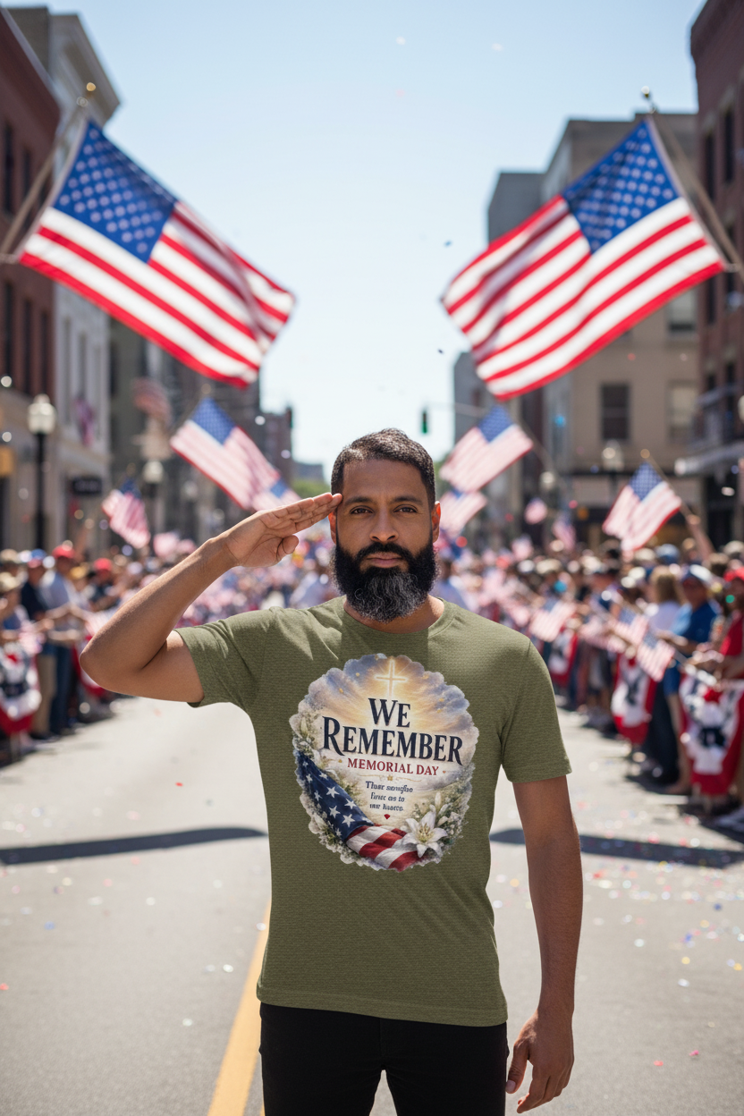 Veteran wearing We Remember Memorial Day t-shirt saluting at Memorial Day parade