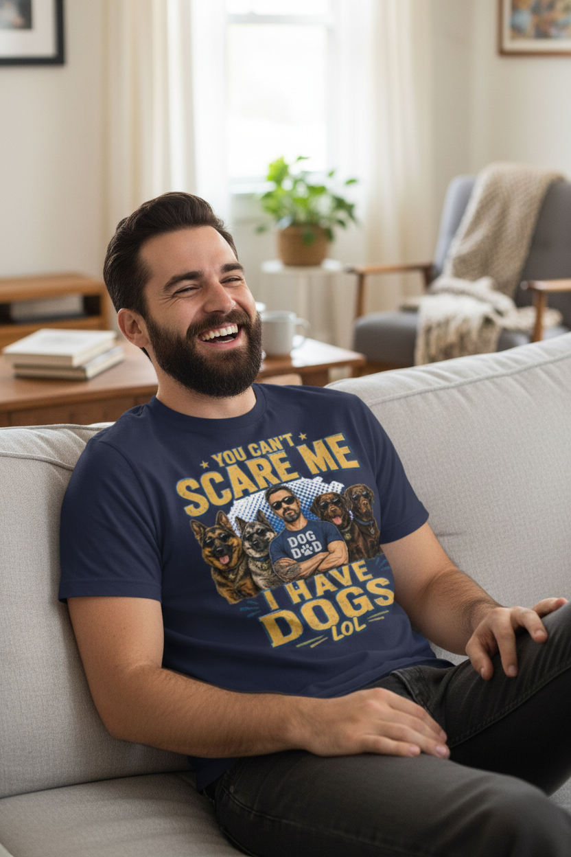 Dog Dad lifestyle mockup - navy tee - casual living room setting