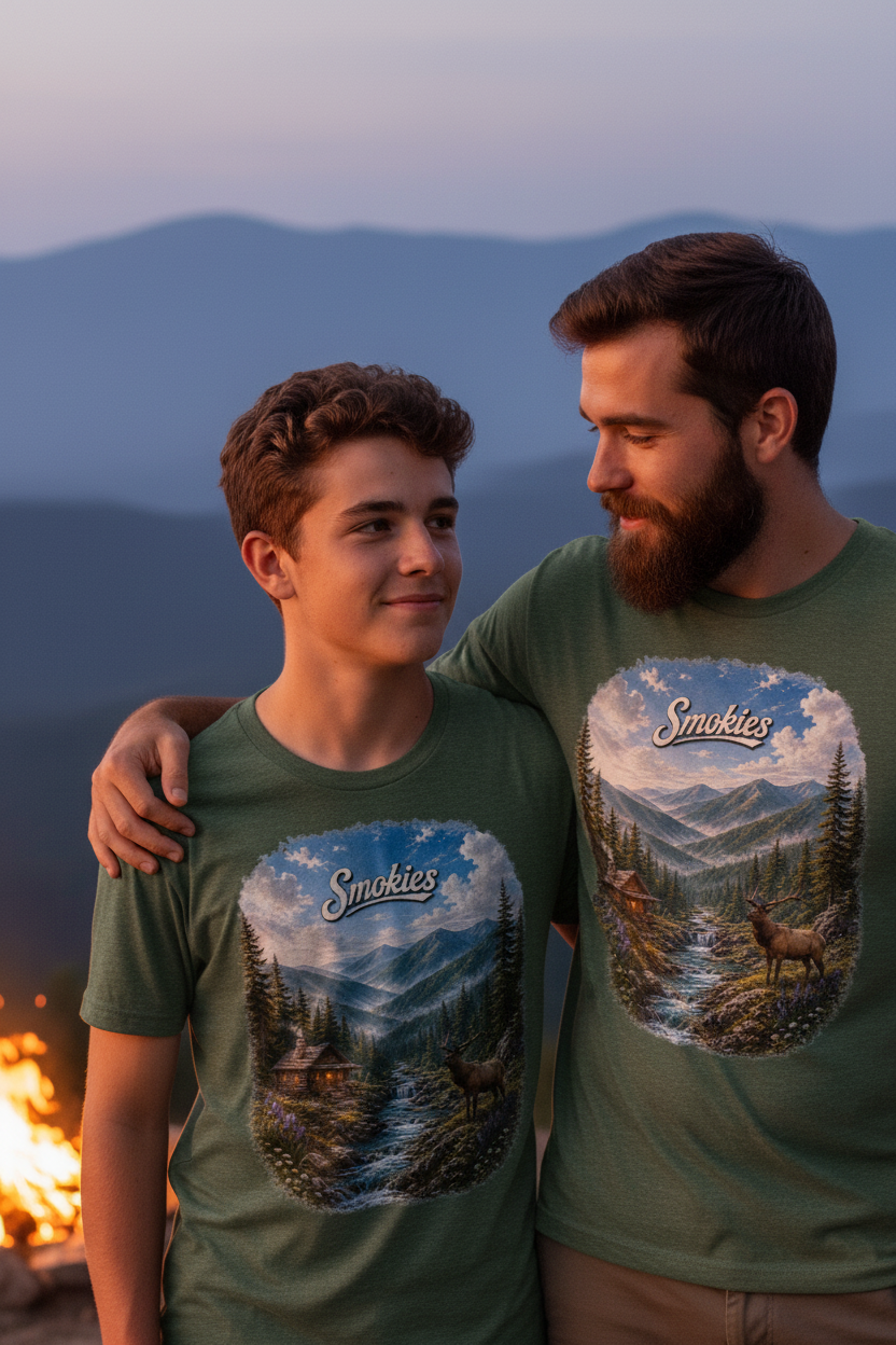 Father and son wearing Smokies forest green tees at Appalachian mountain overlook at dusk