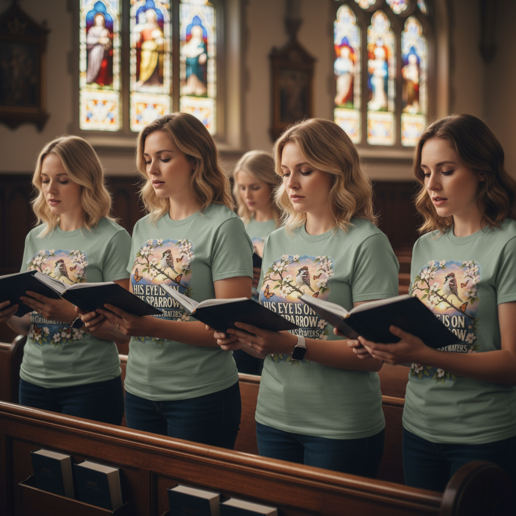 Group of women in sage green His Eye Is on the Sparrow faith t-shirts standing in a church congregation