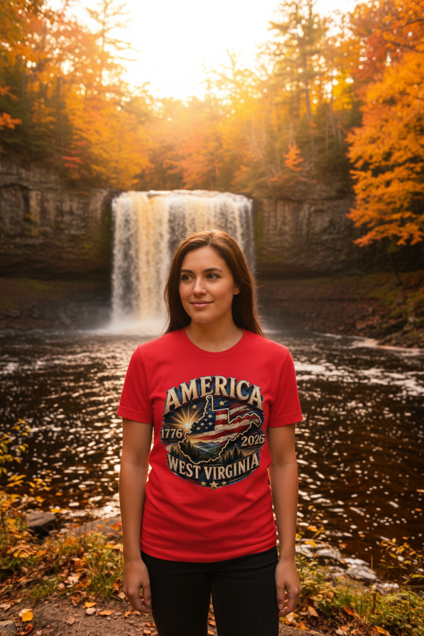 Woman at Blackwater Falls State Park wearing America 1776-2026 West Virginia red patriotic t-shirt