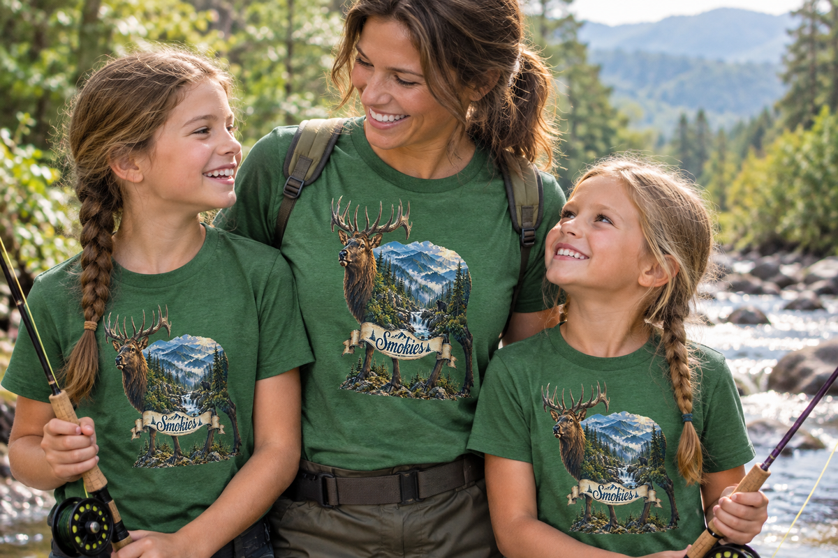 Mother and two daughters wearing matching green Smoky Mountains elk T-shirts while fishing beside a mountain stream