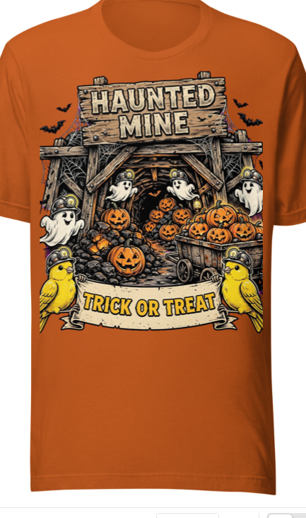 Burnt orange haunted mine trick or treat Halloween t-shirt with coal mine canary birds, ghosts and jack-o-lanterns