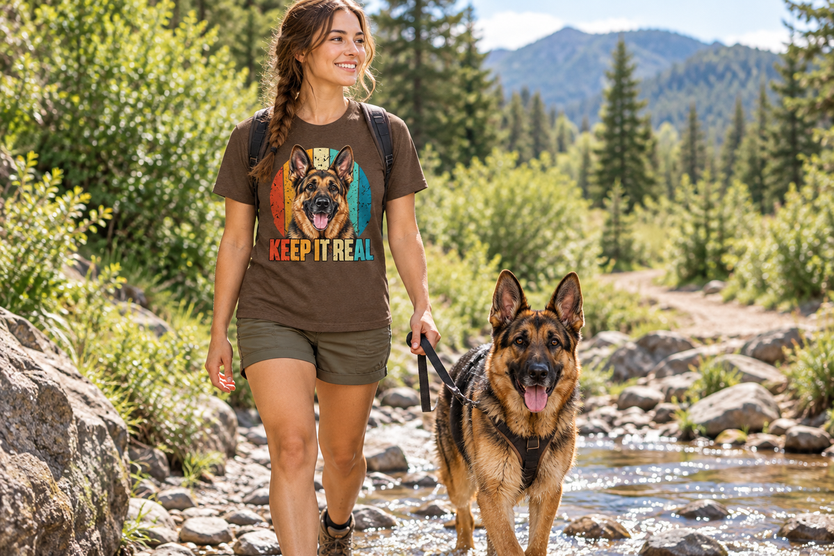 Daughter wearing a German Shepherd Keep It Real T-shirt while walking a dog along a wooded creek bed