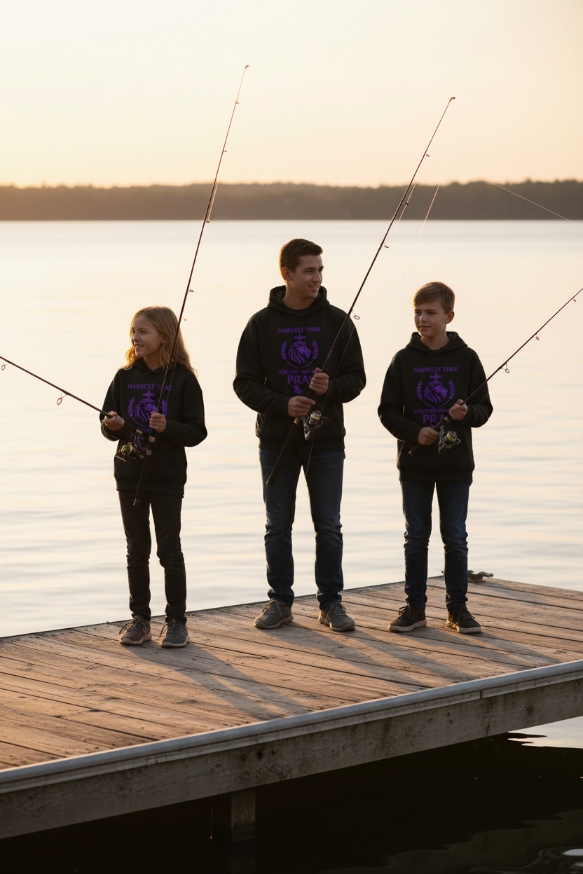 Family wearing Harvest Time Kingdom Builders PRAY hoodie fishing on the dock at sunset