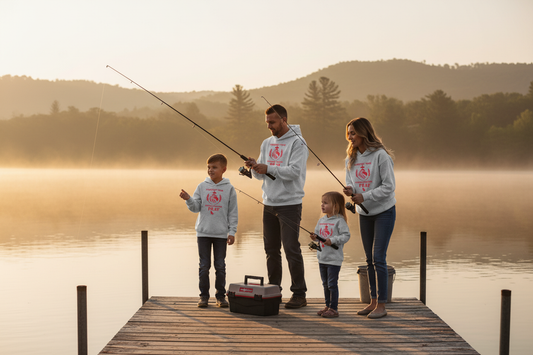 Parents and children wearing Kingdom Builders Pray hoodies while fishing at sunrise