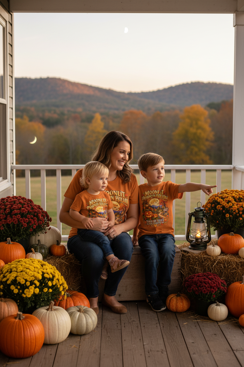 Mom and kids on farmhouse porch wearing matching Moonlit Pumpkin Hollow Halloween t-shirts