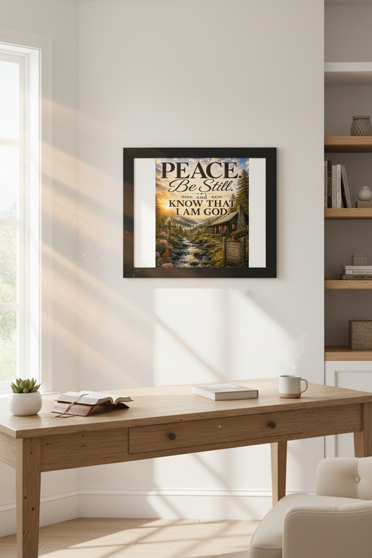 Peace Be Still scripture wall art in a sunlit home office with open Bible and wooden desk