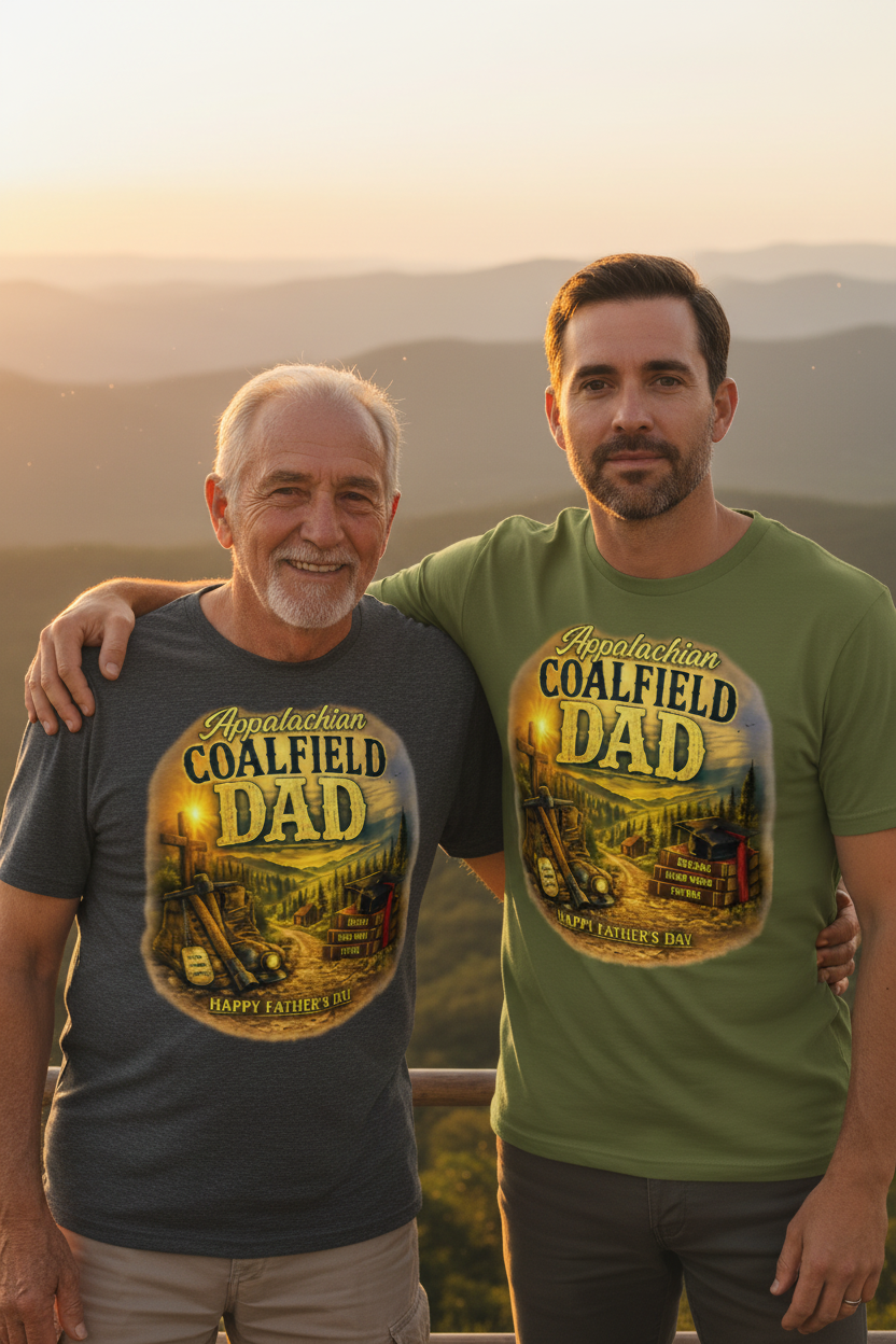 Father and grandfather at Appalachian mountain overlook wearing Coalfield Dad t-shirts
