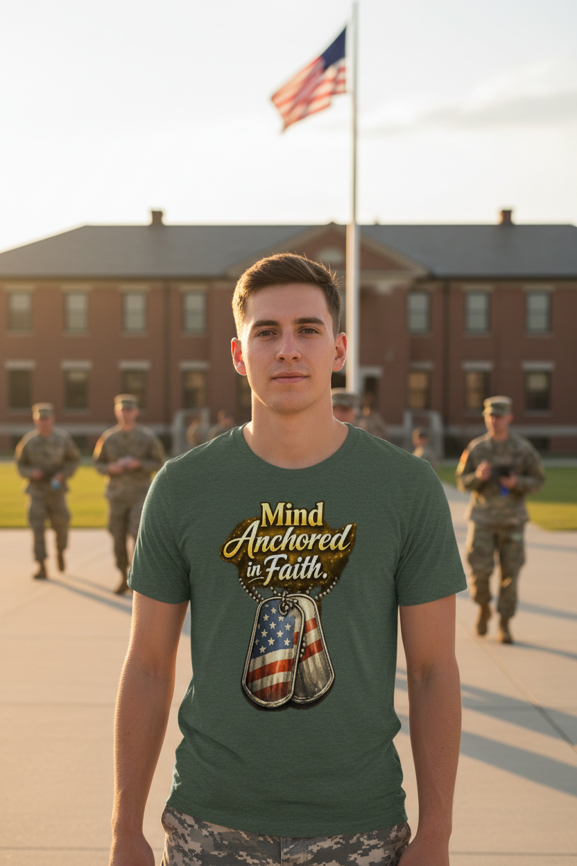 Man wearing Mind Anchored in Faith military faith t-shirt on a military base with barracks and flag pole in background