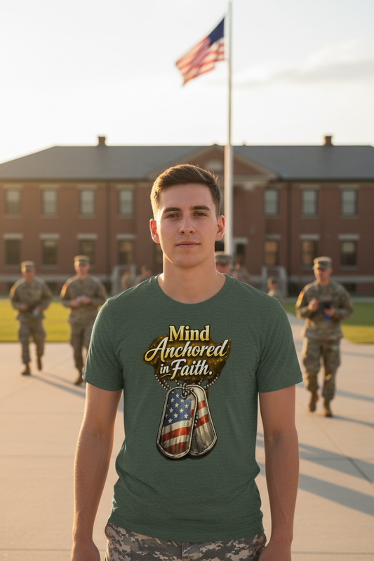 Man wearing Mind Anchored in Faith military faith t-shirt on a military base with barracks and flag pole in background