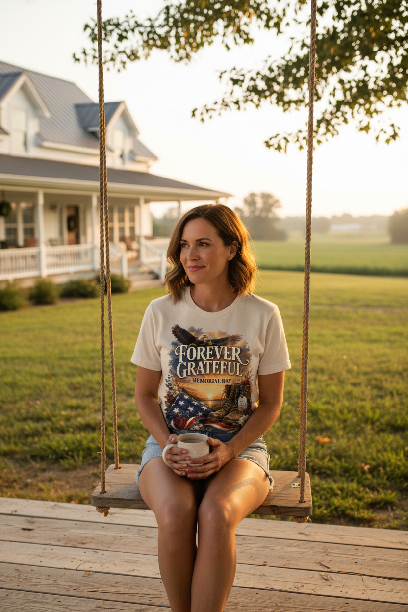 Woman wearing Forever Grateful Memorial Day t-shirt on farmhouse porch with coffee