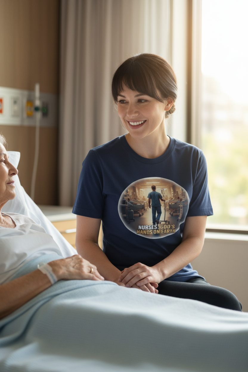 White female nurse wearing faith tee sitting bedside with elderly patient