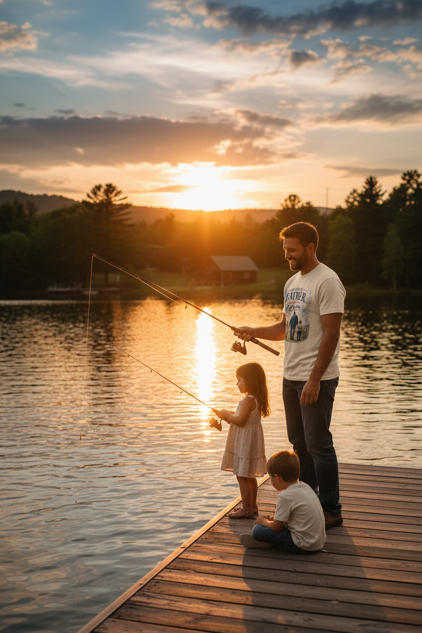 Dad and kids fishing at lake dock at sunset – lifestyle mockup