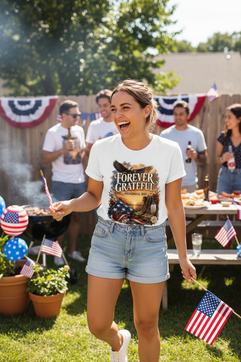 Woman wearing Forever Grateful Memorial Day t-shirt at backyard Memorial Day celebration