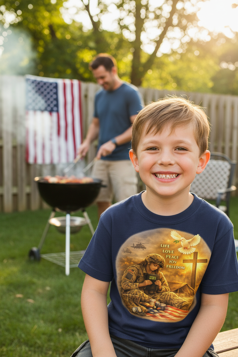 Young boy wearing Life Love Peace Joy Freedom veteran t-shirt at backyard BBQ lifestyle mockup