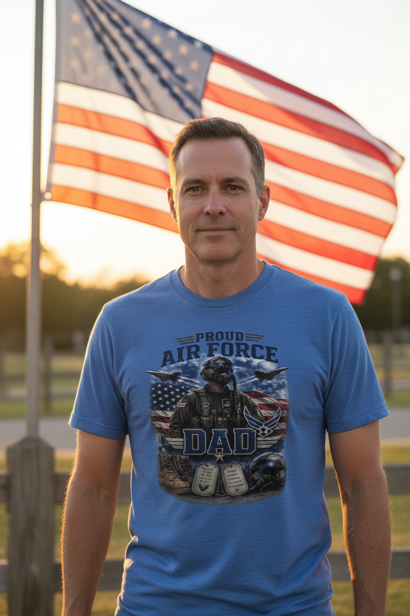 Proud Air Force Dad t-shirt heather blue - man standing outdoors near American flag