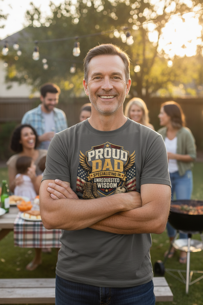 Military veteran man wearing Proud Dad t-shirt at backyard BBQ lifestyle photo