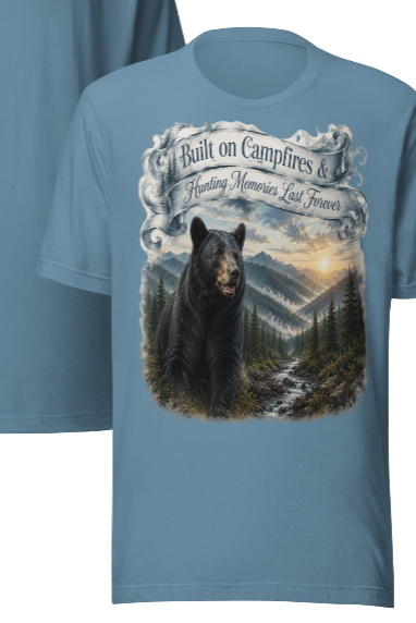 Built on Campfires & Hunting Memories Last Forever – Black Bear T-Shirt in Steel Blue