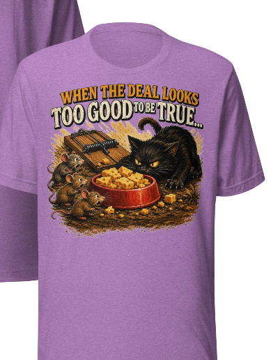 When The Deal Looks Too Good To Be True… | Funny Cat & Mouse Graphic Tee