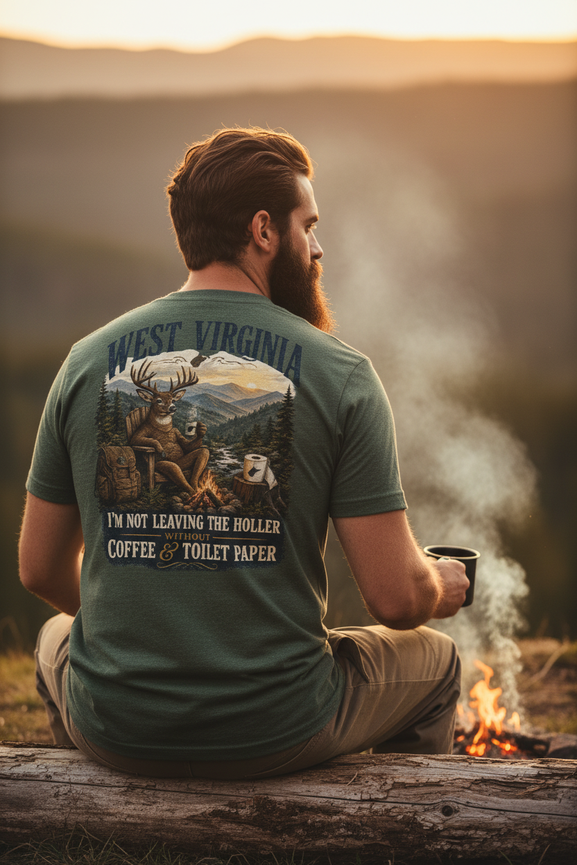 Man sitting by campfire in West Virginia mountains wearing heather olive WV Coffee & Toilet Paper tee, back graphic zoomed in