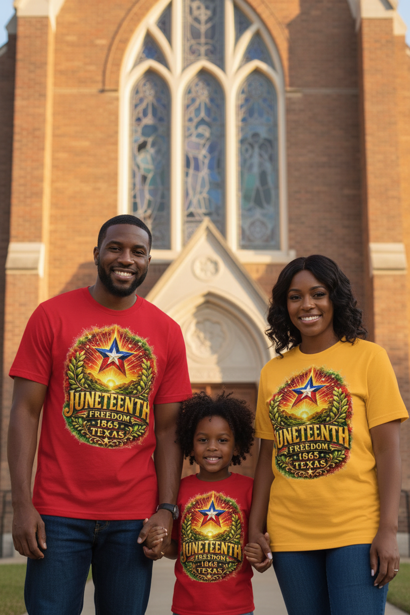 Black family wearing Juneteenth Texas tees standing proudly in front of a church