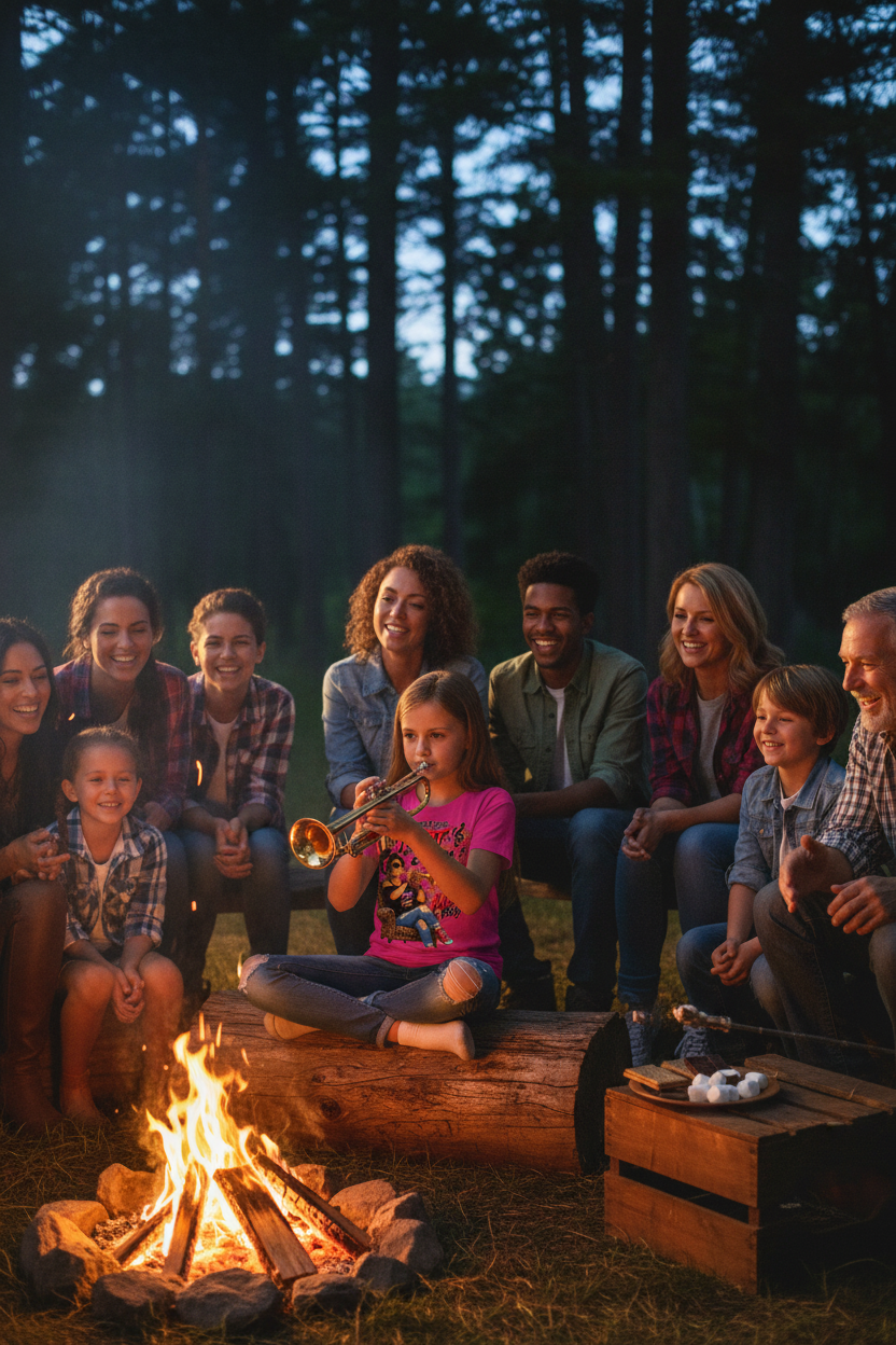 Girl playing trumpet at campfire with friends and family wearing the Toot My Own Horn hot pink graphic tee