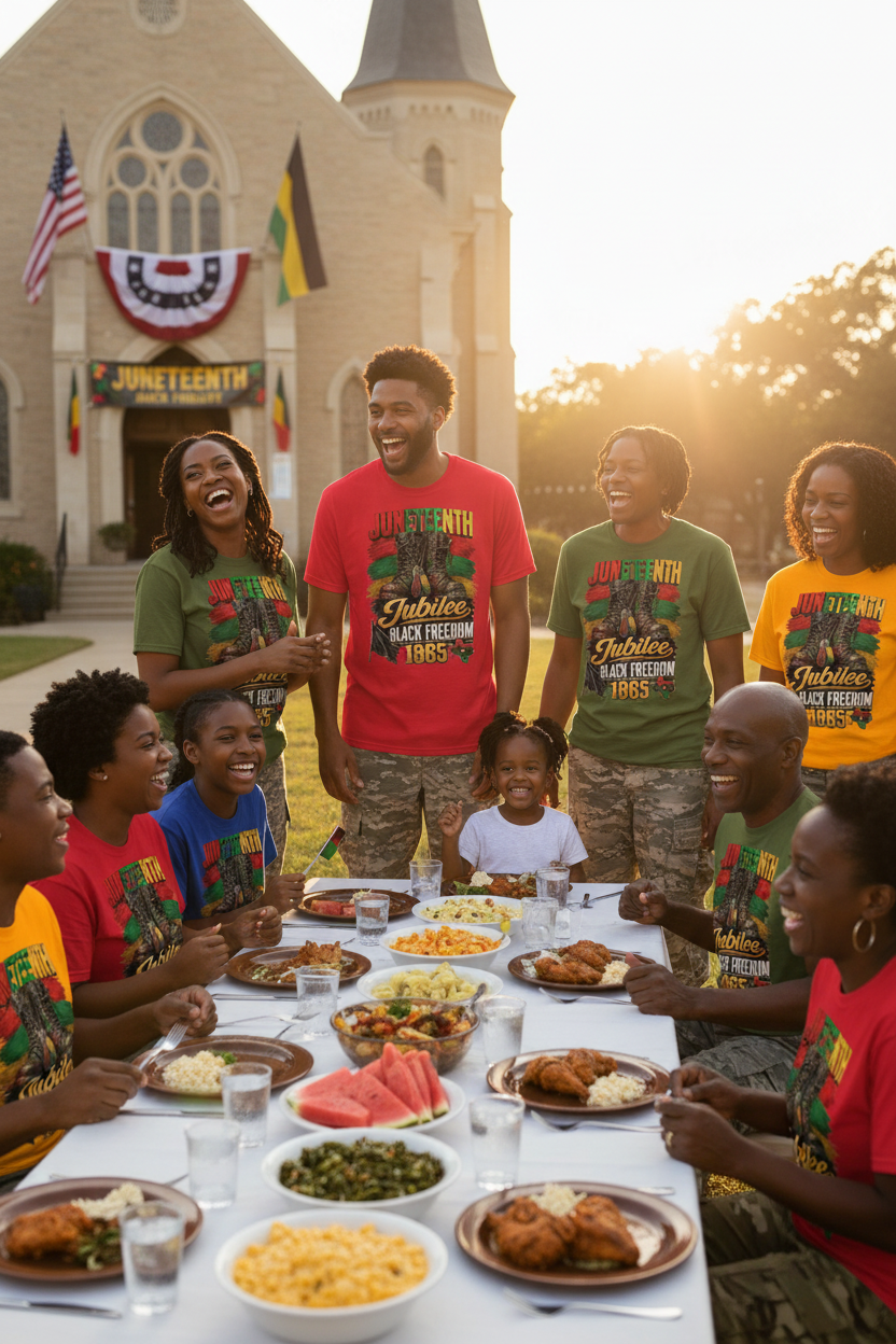 Multi-generational Black military family wearing Juneteenth Jubilee 1865 t-shirts celebrating at Galveston Texas Jubilee