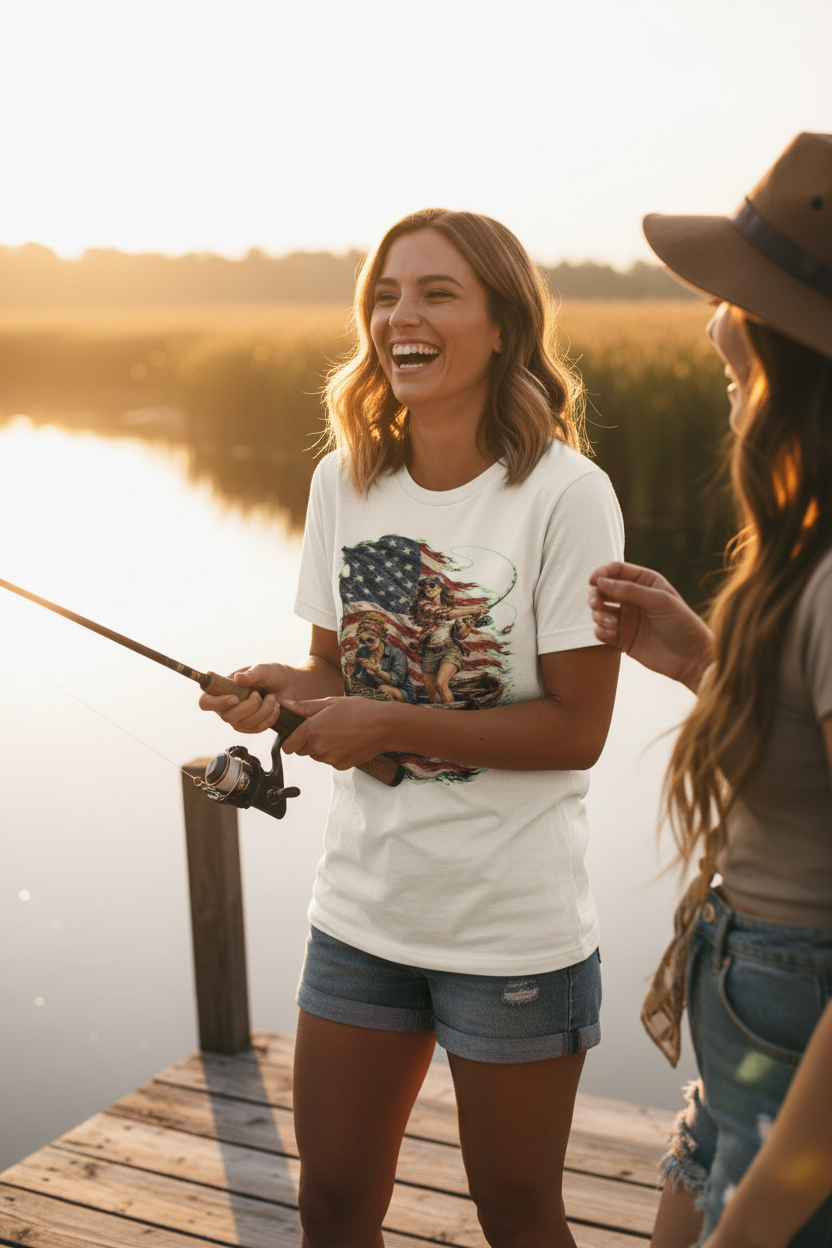 Woman in white patriotic fishing tee on wooden dock at sunrise