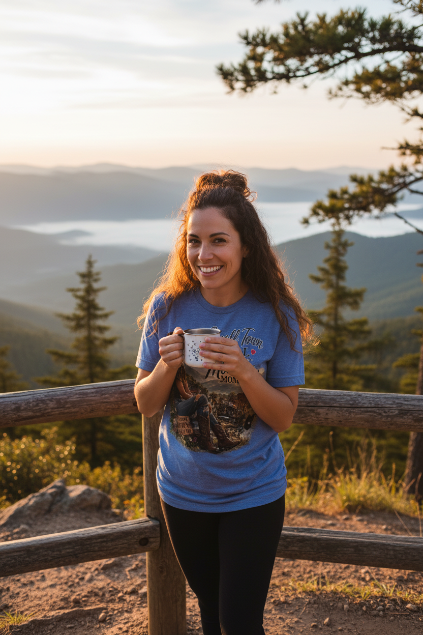 Woman in blue heather Small Town Girl Mountain Momma tee at mountain trail overlook with coffee