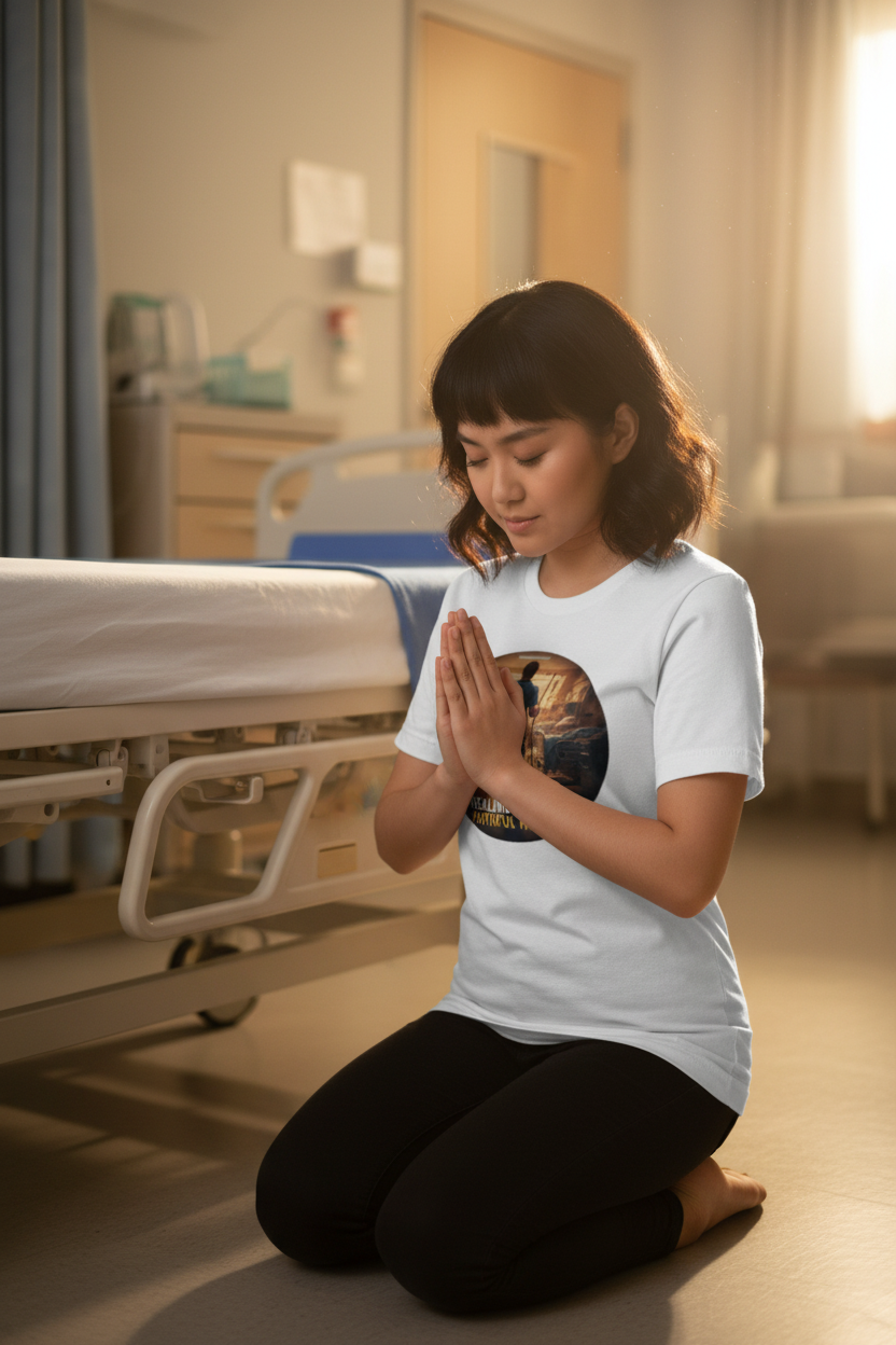 Asian female nurse wearing faith tee kneeling in prayer beside hospital bed
