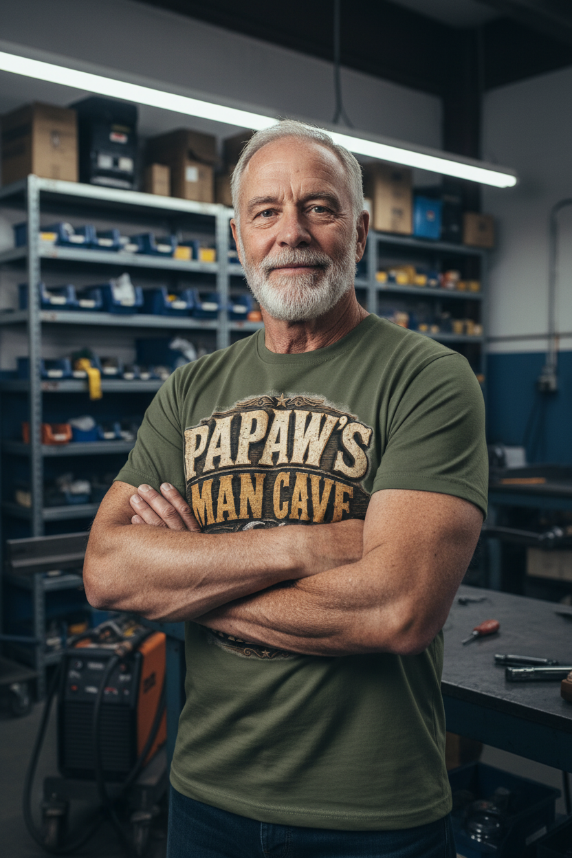 Grandfather in industrial workshop wearing military green Papaw t-shirt - Father's Day lifestyle mockup