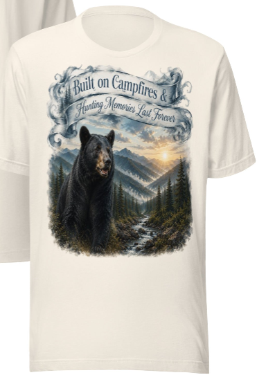 Built on Campfires & Hunting Memories Last Forever – Black Bear T-Shirt in Natural White