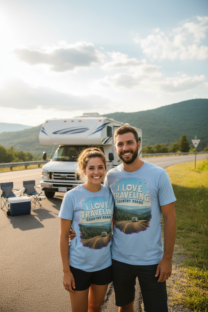 Couple wearing I Love Traveling Country Roads t-shirt next to RV on scenic WV mountain road