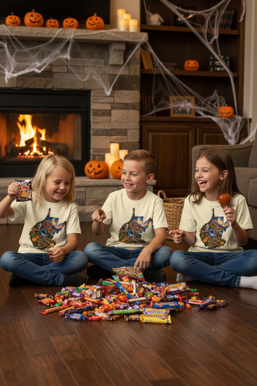 Kids sorting Halloween candy on floor wearing WV Halloween tees