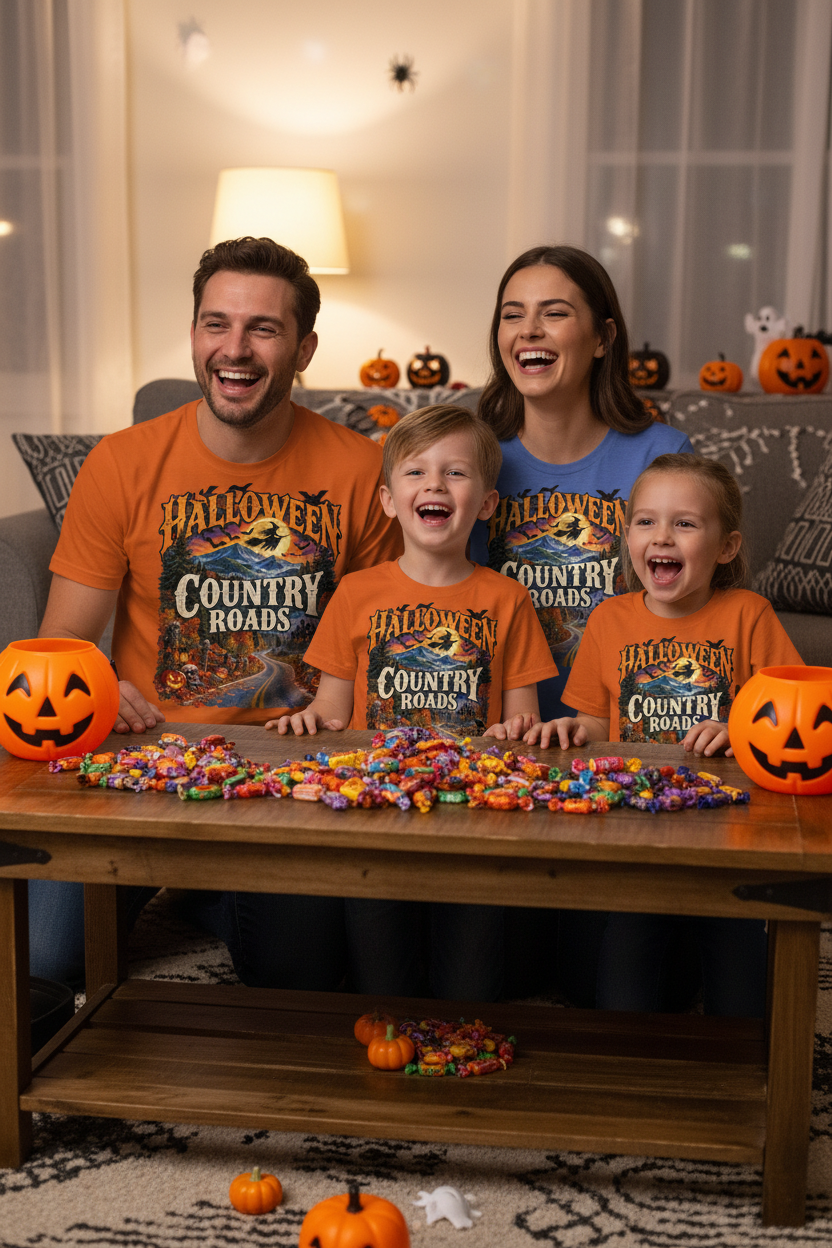 Family wearing Halloween Country Roads T-shirts while sorting trick-or-treat candy at home