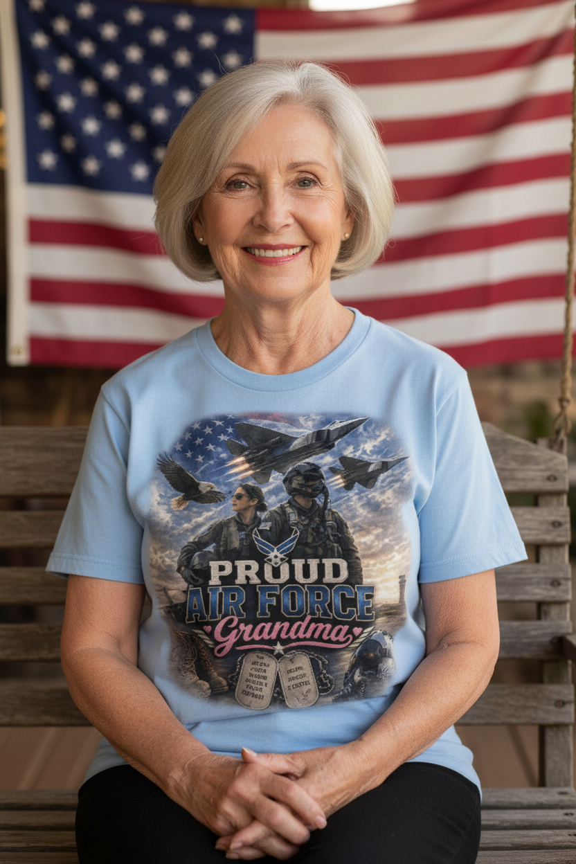 Proud Air Force Grandma in light blue tee on porch with American flag decor