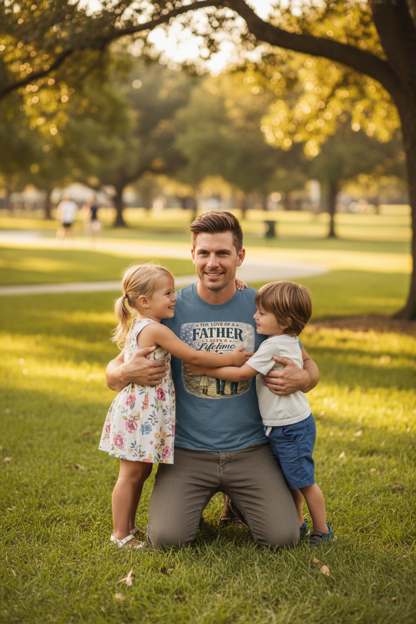 Dad hugging kids in sunlit park – lifestyle mockup