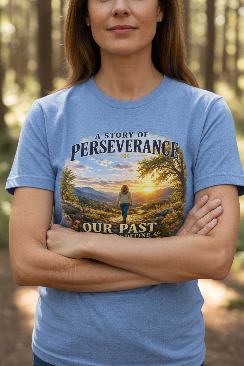 Woman zoomed in close wearing Carolina Blue Perseverance tee on sunlit forest trail